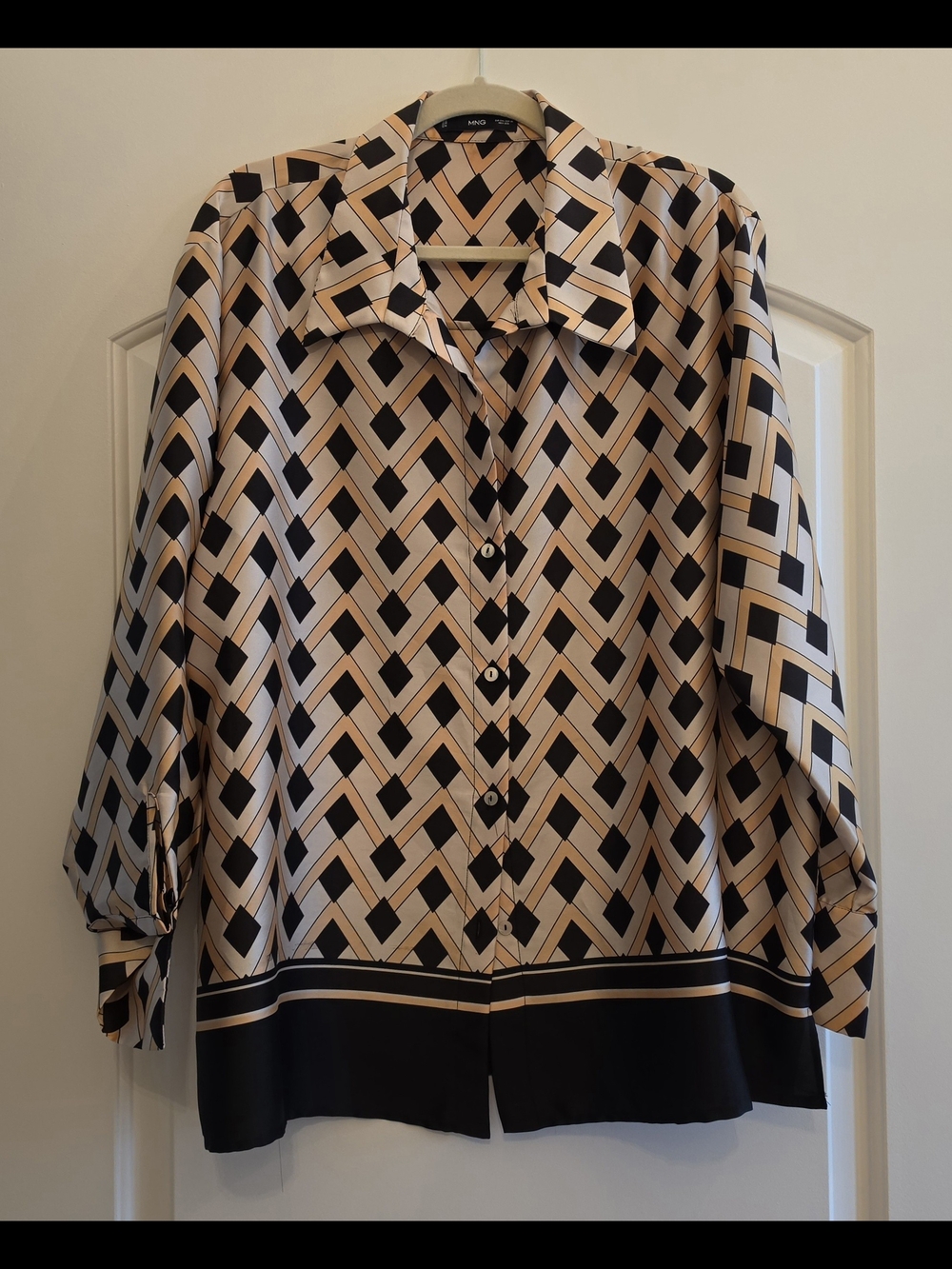 Mango Geometric Print Top in Beige and Black with Mustard Accents